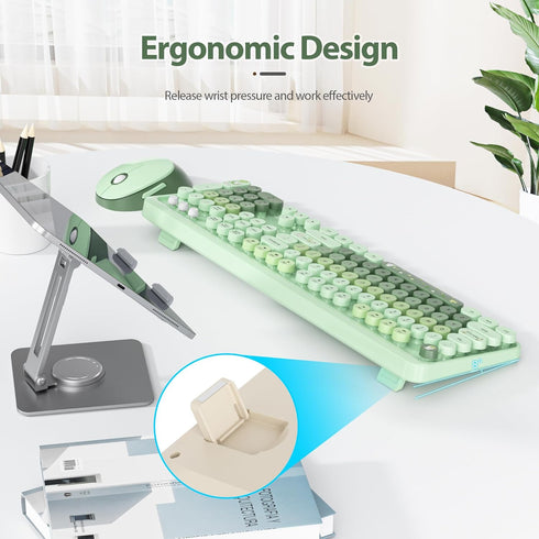Fogruaden Green Keyboard and Mouse Wireless, Retro Typewriter Keyboard, 2.4GHz 104 Keys Full Size Cute Keyboard