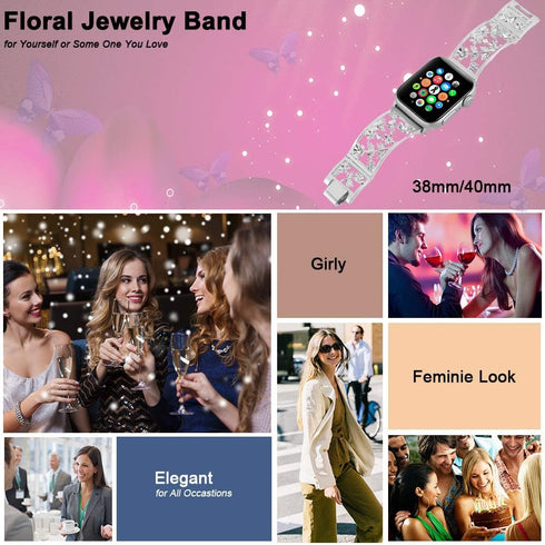 Floral Band Compatible with Apple Watch - Jewelry Band 38mm 40mm 41mm 42mm, Bling Crystal Bracelet, Silver