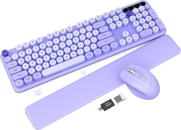 Wireless Keyboard and Mouse Combo, Cute Typewriter Keyboard with Detachable Wrist Rest, Retro Round Keycaps, 2.4GHz for