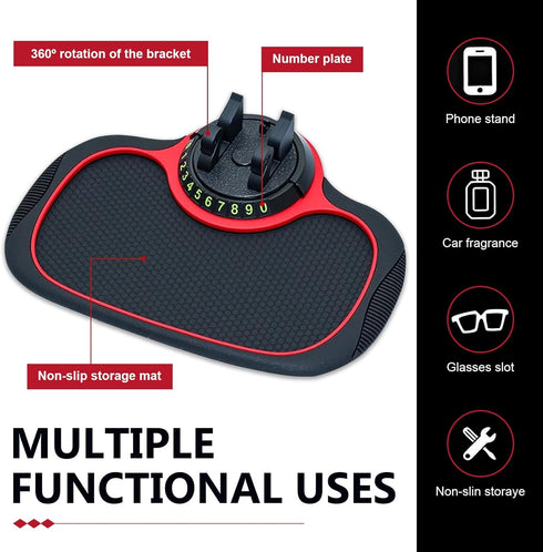 Teybouk 360 Car Anti-slip Mat Phone Holder, Multi-functional Center Console Storage Mat with Temporary Parking Numbers