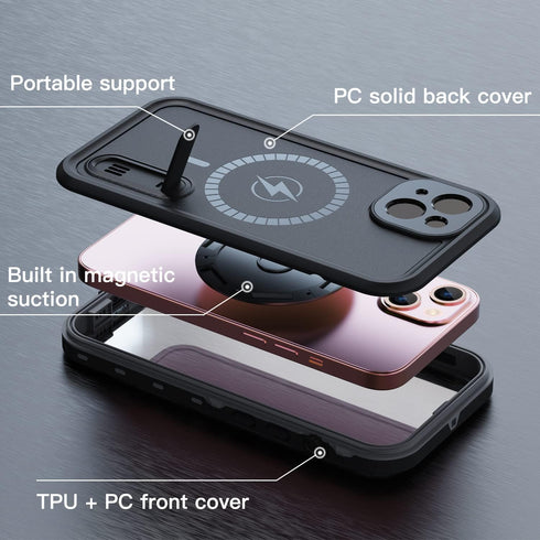 Compatible iPhone 13 Waterproof Case, Magnetic Case with Built-in Screen Protector, Full Body Rugged Military Grade