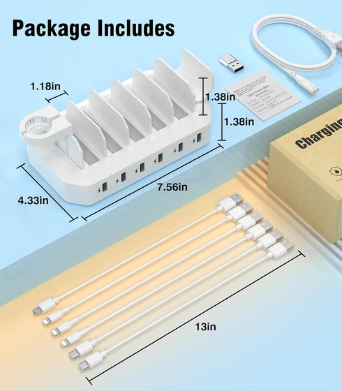60W Phone Charging Station for Multiple Devices, 6-Port USB Charging Dock with 6 Cables for iPad, iPhone, Tablet, Cell