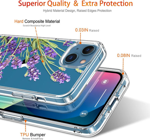 GiiKa iPhone 13 Case with Screen Protector, Clear Full Body Protective Floral Girls Women Shockproof Hard Case Purple