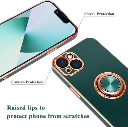 Design for iPhone 13 Case, 360° Rotatable Ring Holder Magnetic Kickstand, Soft Silicone Ultra Slim Edge Plating 6.1 Inch
