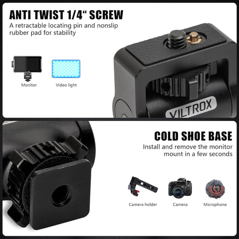 VILTROX Camera Monitor Mount with Cold Shoe, 360° Swivel and 180° Tilt Adjustable for 5" & 7" Field Monitors