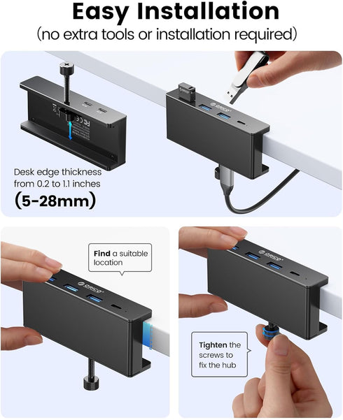 ORICO USB Hub 3.0, Clamp USB Hub with Extra Power Supply Port, 4-Port USB Adapter for Monitors, Desks