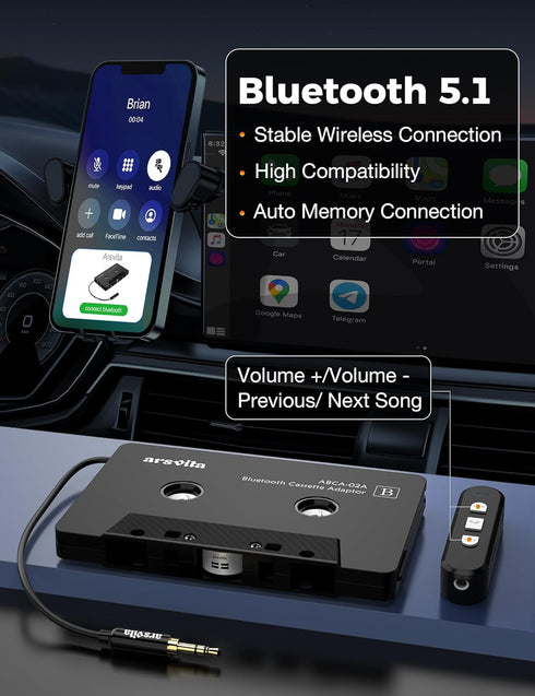 Arsvita Car Audio Cassette to Aux Adapter, 5.1 Bluetooth Receiver Kit for Cassette to Aux Adapter, Black