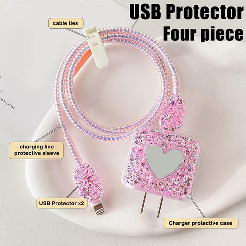DIY Cable Protector Compatible for Apple iPhone Charger with Mirror,Cute Glitter Bling Love Heart Design,Data Line USB Case Wire Cable Saver Phone Charger Protector for iPhone (Pink) by CameCosy