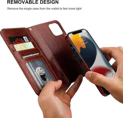 Bocasal Detachable Wallet Case for iPhone 13, RFID Blocking Card Slots Holder, Premium PU Leather Magnetic Kickstand