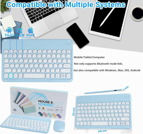 Small Bluetooth Keyboard and Mouse Combo, Ultra-Slim Portable Wireless Keyboard for Android Tablet, iPhone, iPad (Blue)