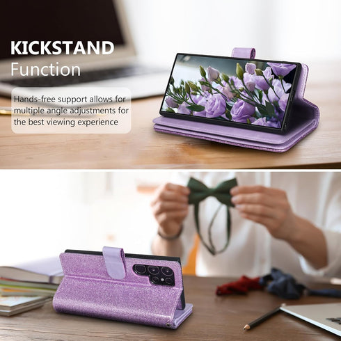 Varikke Wallet Case for Galaxy S22 Ultra - Detachable Card Holder with Glitter Leather Strap, Magnetic Flip Cover.