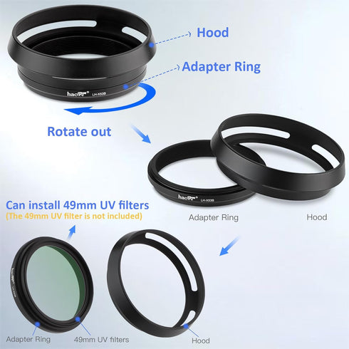Haoge LH-X53B 3in1 Lens Hood with Adapter Ring and Cap Set for Fujifilm X100VI, X70, X100, X100S, X100T, X100F