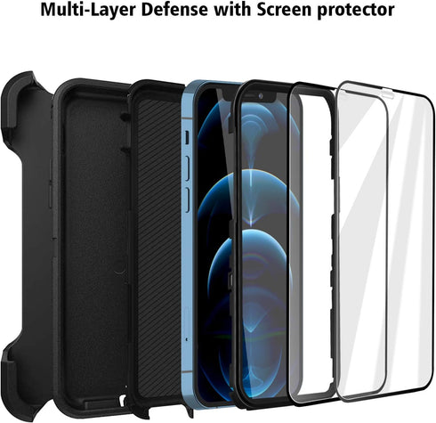 Defense iPhone 12 Case with Two Screen Protectors, 3 Layer Rugged Heavy Duty for iPhone 12/Pro