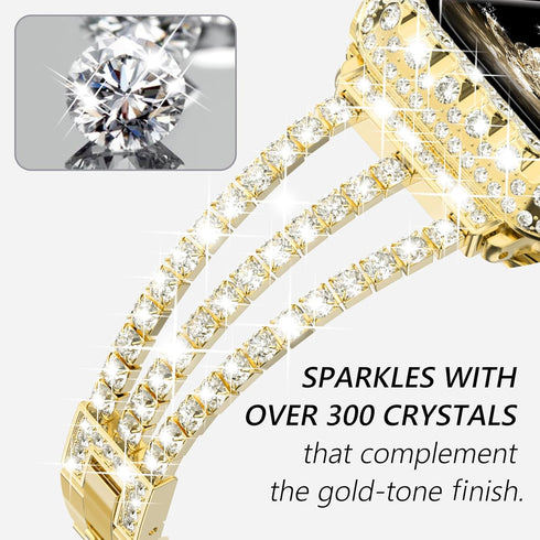 Surace Gold Apple Watch Bands 45mm for Women, Bling Diamond Rhinestone Link Bracelet with 2 in 1 Waterproof Case