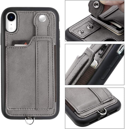 TOOVREN Wallet Case for Women Men with Leather Card Holder, Case for iPhone XR 6.1" (Gray)