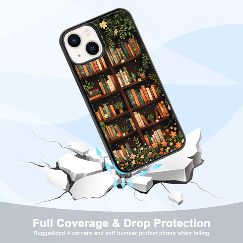 Odhtst 13/14 6.1 Inch, Aesthetic Floral Bookshelf Book Phone Case Compatible with iPhone Case TPU Shockproof Protection