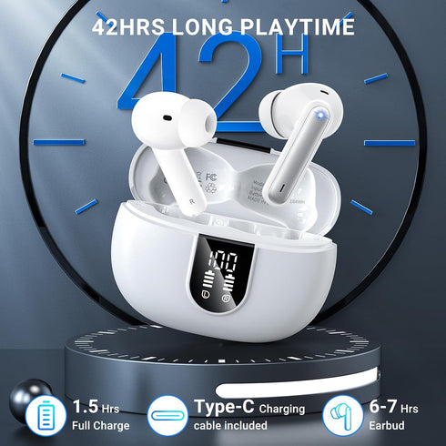 Wireless Earbuds, 2024 HiFi Stereo Headphones with 4 ENC Noise Canceling Mic, 42H Playtime, Bluetooth 5.3, White