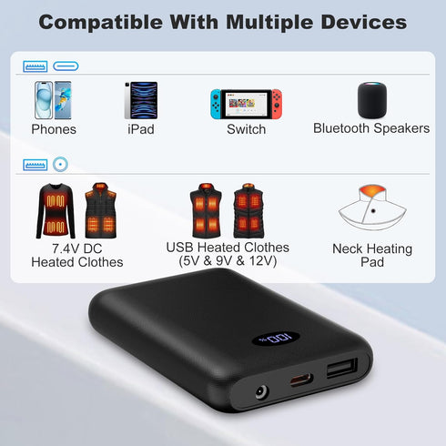 FERNIDA 10000mAh Pack 7.4V 5V/9V/12V Battery for DC Heated Vest, Pants, Shirt, Power Bank Type-C in&Out with Digital