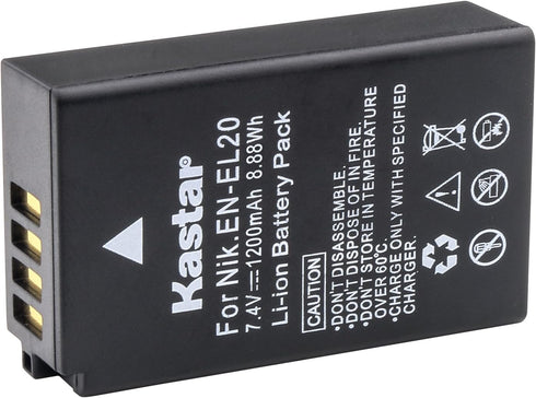 Kastar Battery 2-Pack + Charger for Nik EN-EL20 EN-EL20a Battery, MH-27 MH-29 Charger, Nik Coolpix P950, P1000, Coolpix A, 1 AW1, 1 J1, 1 J2, 1 J3, 1 S1, 1 V3, DL24-500, Blackmagic Pocket Cinema