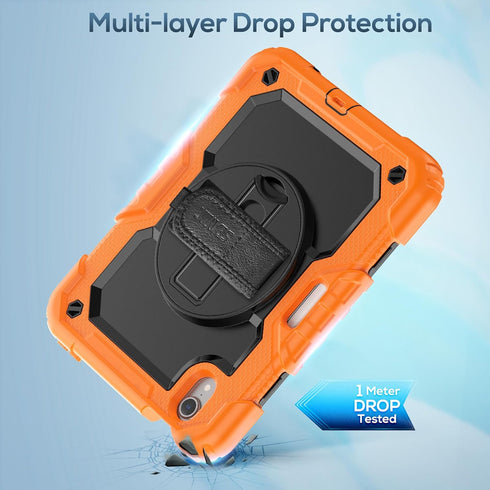 SEYMAC Full-Body Shockproof Protective Case for iPad Mini 6 8.3 Inch, Orange with Screen Protector, 360° Rotating