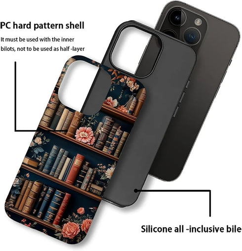 Akinmi 16 16 Case for iPhone Pro Max,Flower Bookshelf Exquisitely Pattern Double Protective Phone Cover Cases Soft