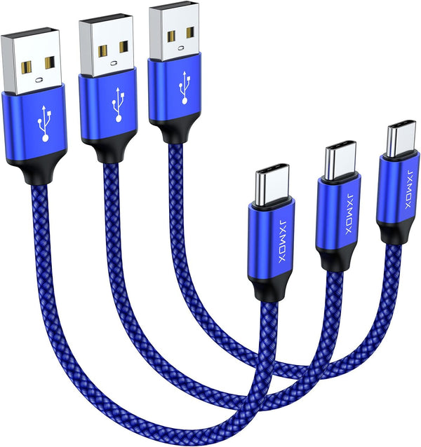 JXMOX Short USB C Cable (0.5ft 3-Pack), USB-A to Type-C Fast Charging Cord for Samsung Galaxy S22 S21 S20, Blue
