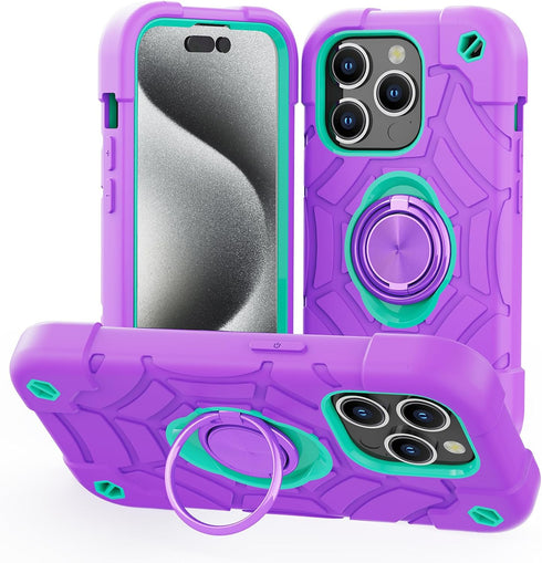 KCJ Tough Rugged Heavy Duty Case for iPhone 15 Pro (6.1") - Purple+Mint with 2× Screen Protectors & Ring Stand.
