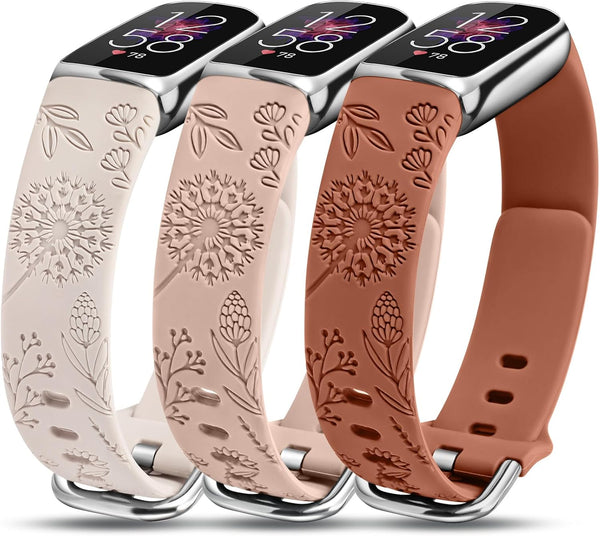 Minyee 3 Packs for Fitbit Luxe Bands, Soft Silicone Floral Engraved Sport Strap Replacement for Women