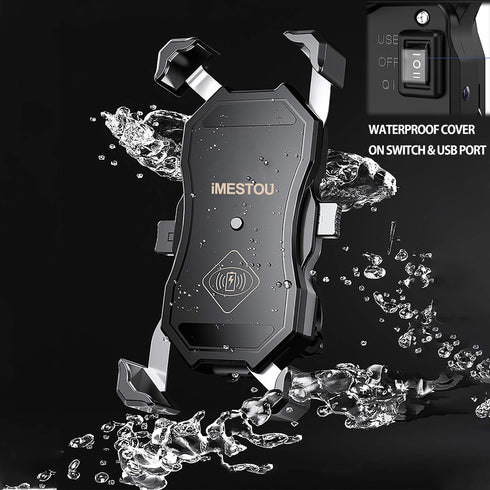 iMESTOU Motorcycle Phone Holder - Wireless Charger and USB 3.0 Quick Charge Mount, Fits 22-32mm Handlebar, Suitable for