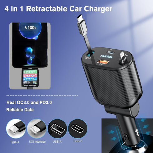 Retractable Car Charger 4 in 1 Fast Charging Adapter, 62W Type-C/Lightning Cables for iPhone 16/15/14/13/12 Pro Max
