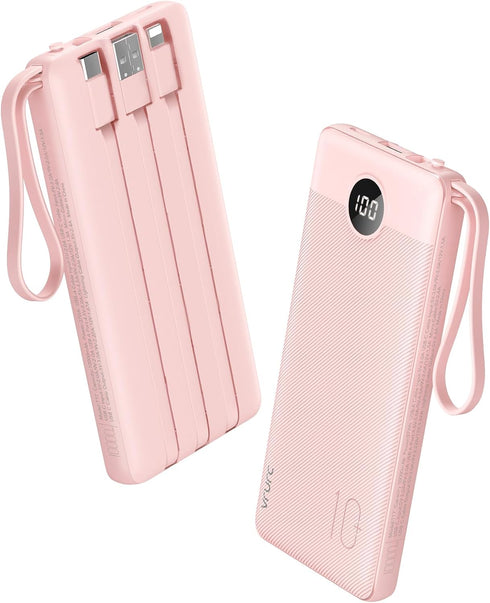 VRURC Portable Charger Power Bank, 10000mAh, 22.5W Fast Charging, Built-in USB-C Cable, Compatible with iPhone 15, Pink