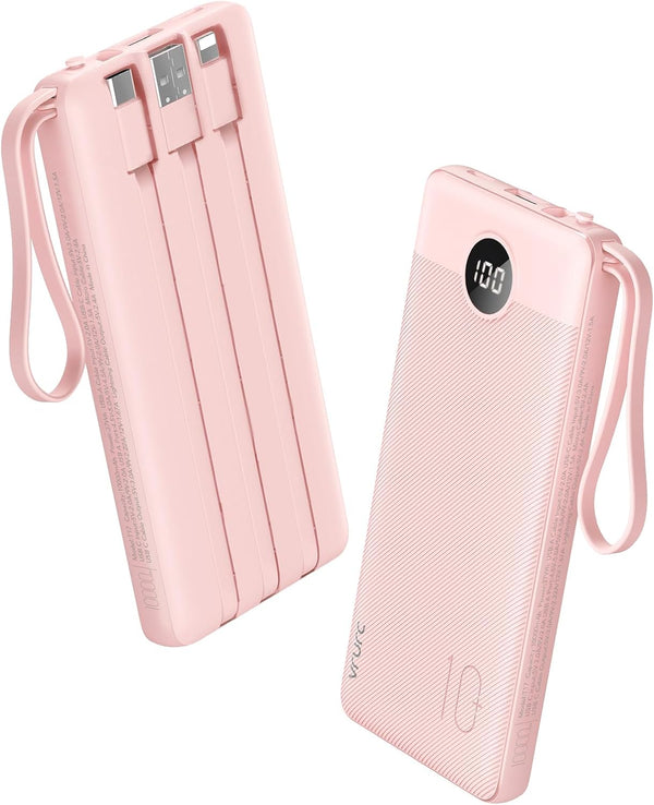 VRURC Portable Charger Power Bank, 10000mAh, 22.5W Fast Charging, Built-in USB-C Cable, Compatible with iPhone 15, Pink