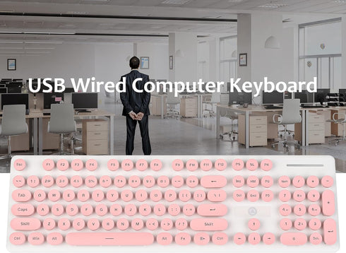 Wired Quiet Membrane Keyboard, Full Size 104-Keys, Retro Punk Typewriter, White LED Backlit, USB, Pink