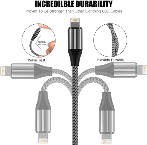 10ft iPhone Charger Cable (3 Pack) - MFi Certified Nylon Braided Lightning USB for iPhone 11/Pro/X/Xs Max/XR/8 Plus/7