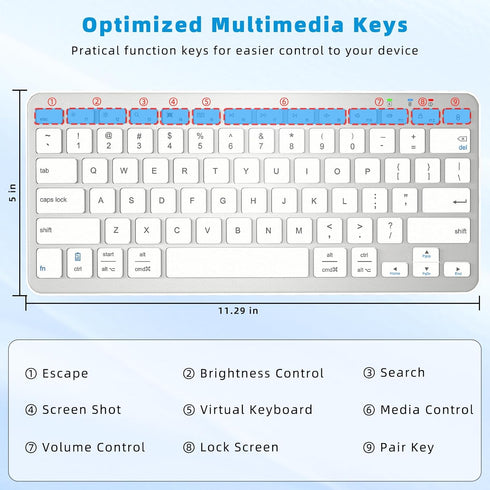 Ultra-Slim Bluetooth Keyboard, Wireless Rechargeable Ergonomic Keyboard for iPad, iOS, Android, Windows PC, White Silver