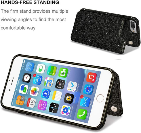 UEEBAI Case for iPhone 7 Plus 8 Plus, Premium Glitter PU Leather Wallet Cover with Card Slots, Black
