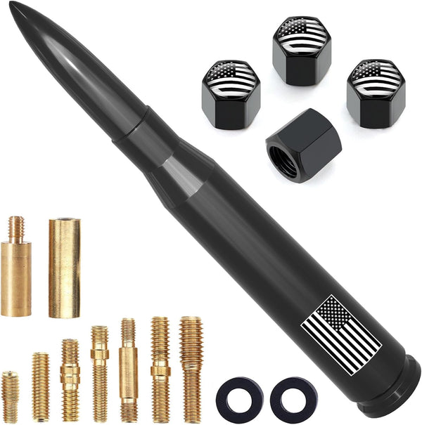 Car Truck Antenna with Tire Valve Caps, American Flag Short Replacement for GMC, Chevy, Ford, and Dodge.