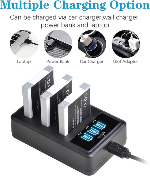 NB-6L NB-6LH Battery & 3 Slots LED Display Charger for Canon PowerShot D10 D20 ELPH 500 HS S90 S95 S120 SD Series & SX