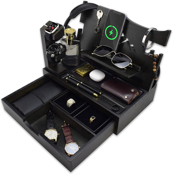 Nightstand Organizer for Men, Large Drawer Phone Docking Station, Bedside Organizer for Apple Watch, Black Wood