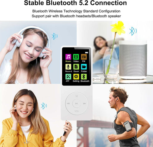 imkavery 128GB MP3 5.2, Player with Bluetooth Portable White Music Player for Kids with Built-in HD Speaker, FM Radio
