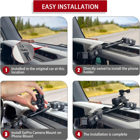 Bronco Phone Mount with Camera Mount, 360° Adjustment Metal Dashboard Cell Phone Mount for Ford Bronco 2021+