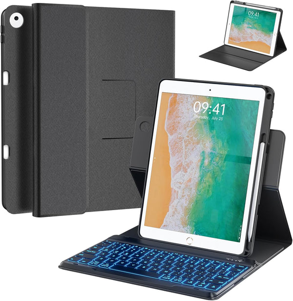 Keyboard Case for iPad 9.7" (5th/6th Gen), 360° Rotatable with Pencil Holder, 7 Color Backlit Bluetooth Keyboard