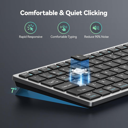 TECKNET 4-Device (2.4G+3BT) 14 Bluetooth Keyboard Rechargeable, Wireless Keyboard, Ultra-Slim Quiet Typing, Hotkeys