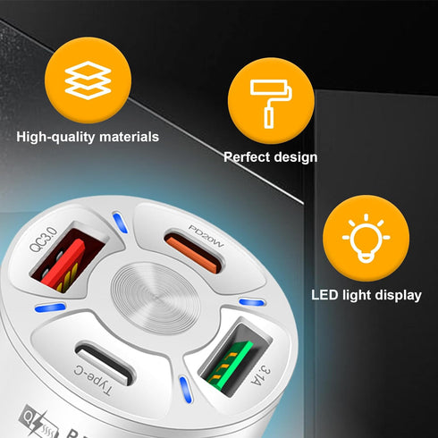 4 Ports Car Fast Charging Charger, QC 3.0, PD 20W, Type C, 3.1 A Cigarette Lighter Adapter for Car SUV, White