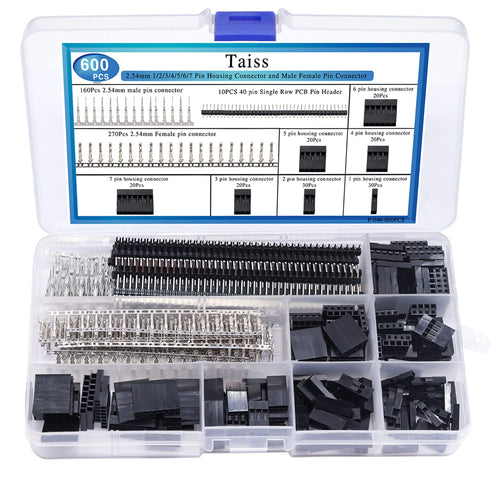 Taiss 600PCS Dupont Connector Kit, 2.54mm 1/2/3/4/5/6/7 Pin Housing Connector and Male Female Crimp Pin