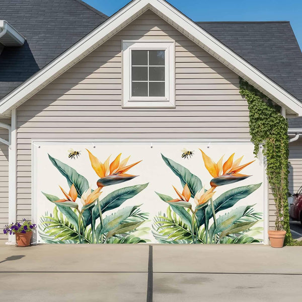 Jimehezon Bird of Paradise Garage Door Banner 8x6.9ft Summer Tropical Plant Bee Flower