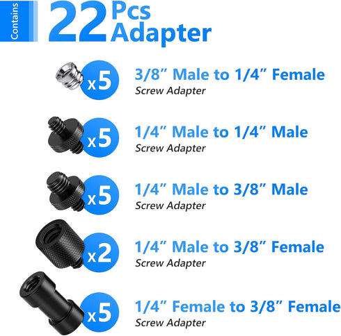 Neewer Camera Screw Adapter, 22 Pieces 1/4” to 1/4” and 1/4” to 3/8” Tripod Mount Screw Adapter Converter Set for Camera Mount, Monopod, Ball Head, Flash Light Stand, Tripod — ST29