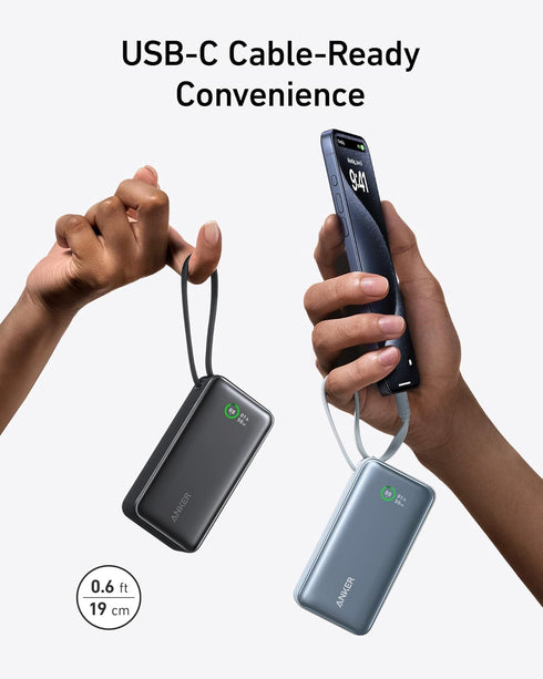 Anker Nano Power Bank, 10,000mAh Portable Charger with Built-In USB-C Cable, 30W Max Output for iPhone 16/15 Series,