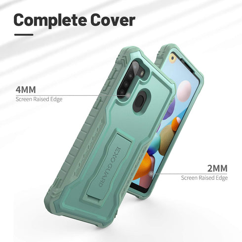 ExoGuard for Samsung Galaxy A21 Case, Rubber Shockproof Full-Body Cover Case Built-in Screen Protector and Kickstand Compatible with Samsung A21 Phone (Green)