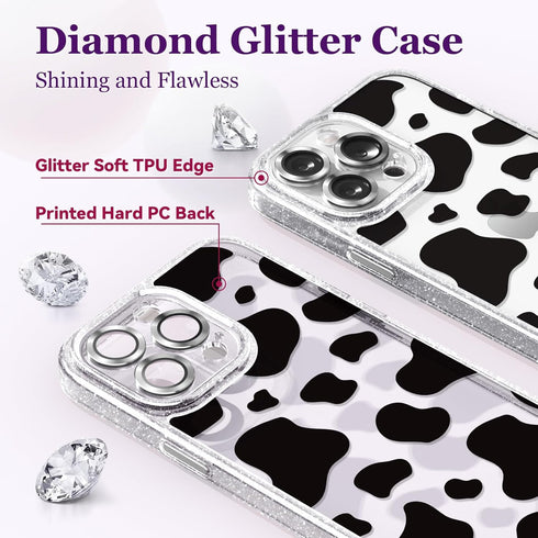 Cute Aesthetic iPhone 14 Pro Case - Glitter Clear Milk Cow Print Cover with Camera Protector & Wrist Strap for Women,